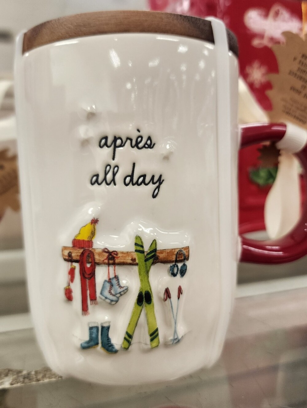 Rae Dunn White 'après all day' Ceramic Ski-Themed Mug With Wood Lid